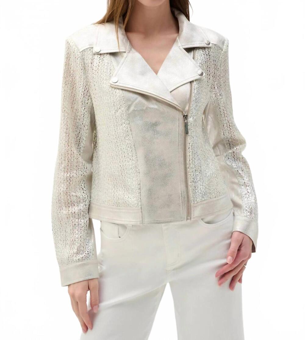 NEW JOSEPH RIBKOFF faux suede foiled moto jacket in champagne/silver